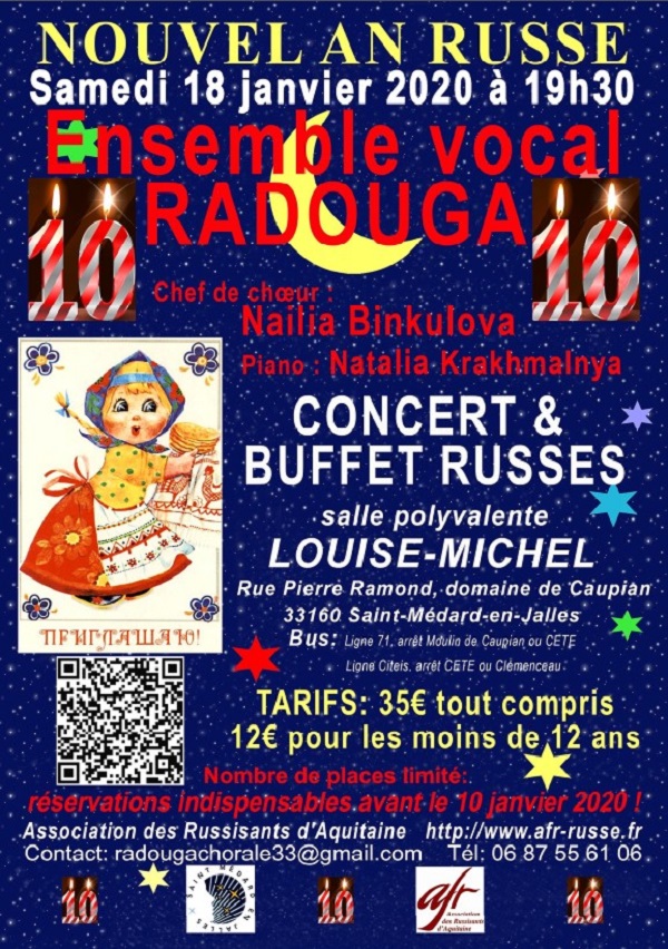 Affiche. Saint-Médard-en-Jalles. Nouvel An russe. Concert-buffet russe avec l|ensemble vocal Radouga. 2020-01-18